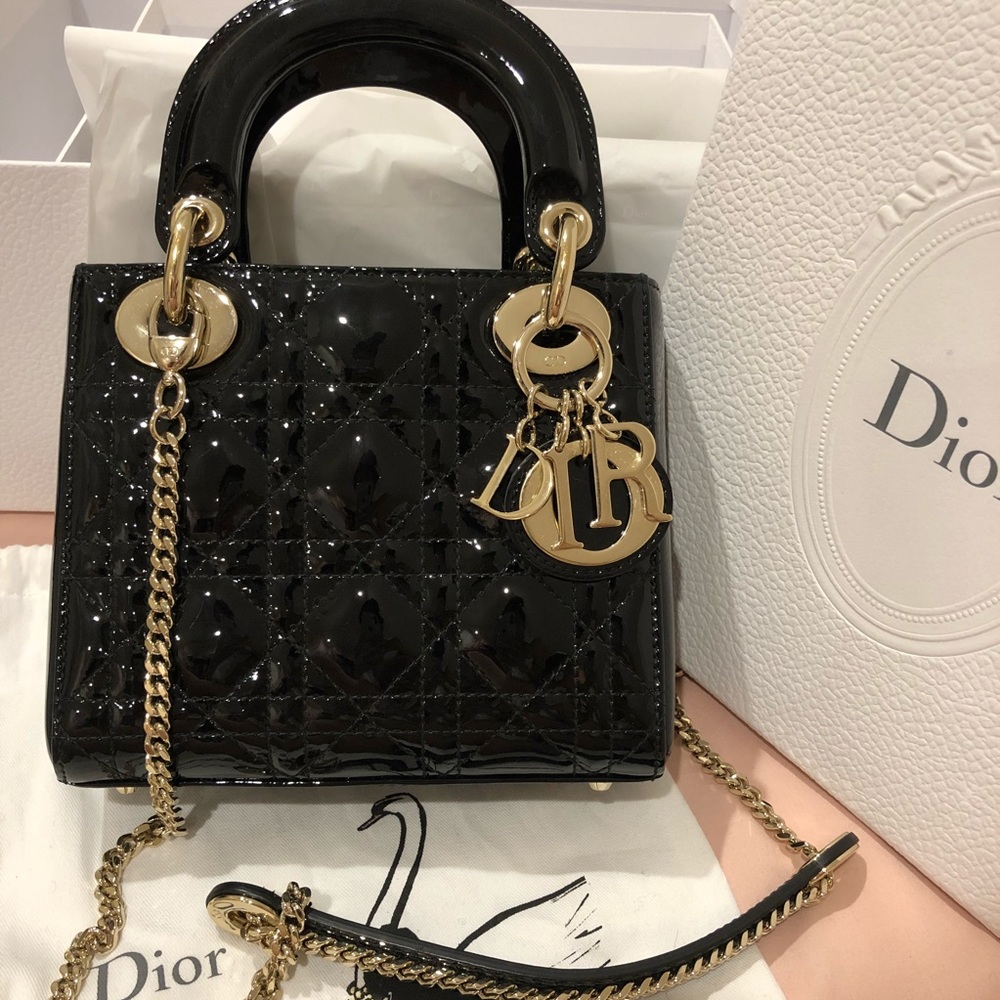 Mini Lady Dior Black patent Cannage calfskin